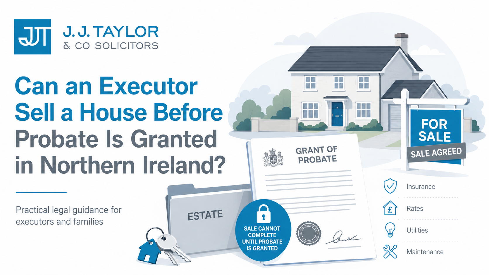 Illustration of a Northern Ireland house for sale with a Grant of Probate document, explaining that an executor can market a property before probate but cannot complete the sale until the Grant is issued.